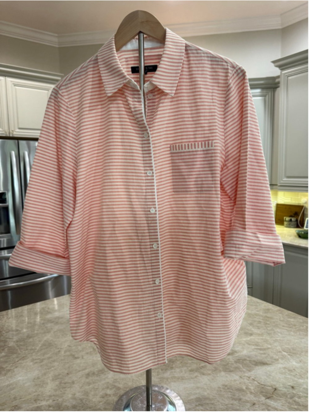 LAFAYETTE 148 Orange White peach Striped Button Down Shirt L, rolled sleeves,